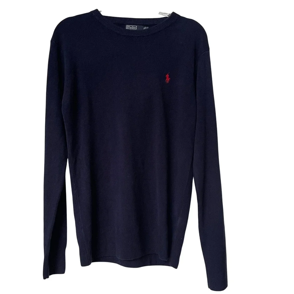 Polo Ralph Lauren Navy Crewneck Sweater XXL Red Pony Logo 100% Cotton Pullover‎